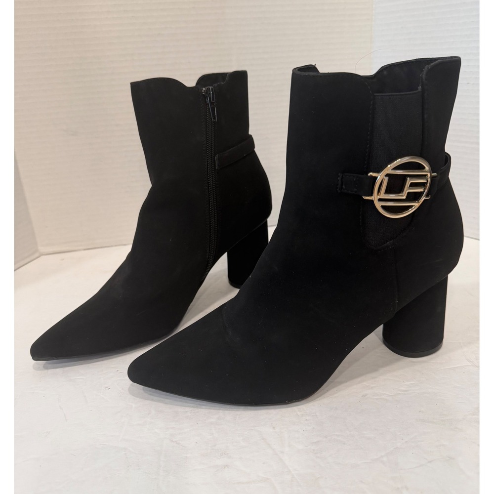 London Fog Tory Black Faux Suede LF Logo Buckle Block Heel Zip‎ Ankle Boots 8.5M